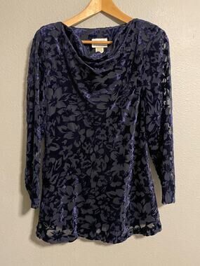 Vintage Womens Top 10 Petite Blue Floral Velvet Cowl Neck Romantic Fairy 90s